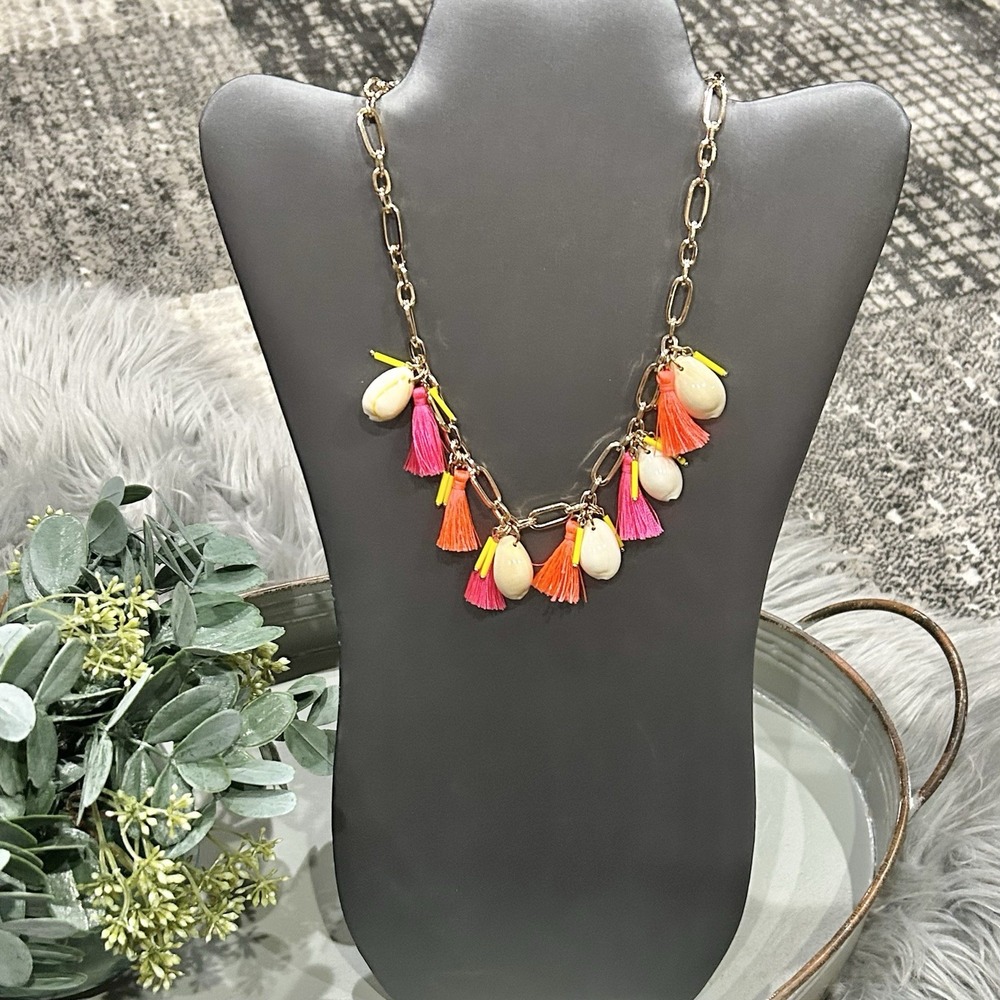 Nordstrom BP Colorful Tassel And Shell Collar Gold & Multi-Neon Necklace NEW $39